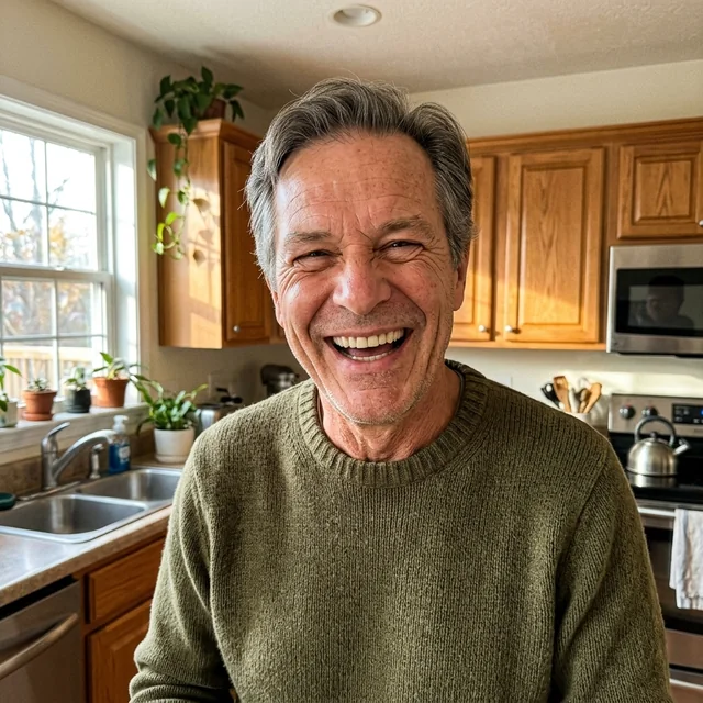 A smiling man in his kitchen